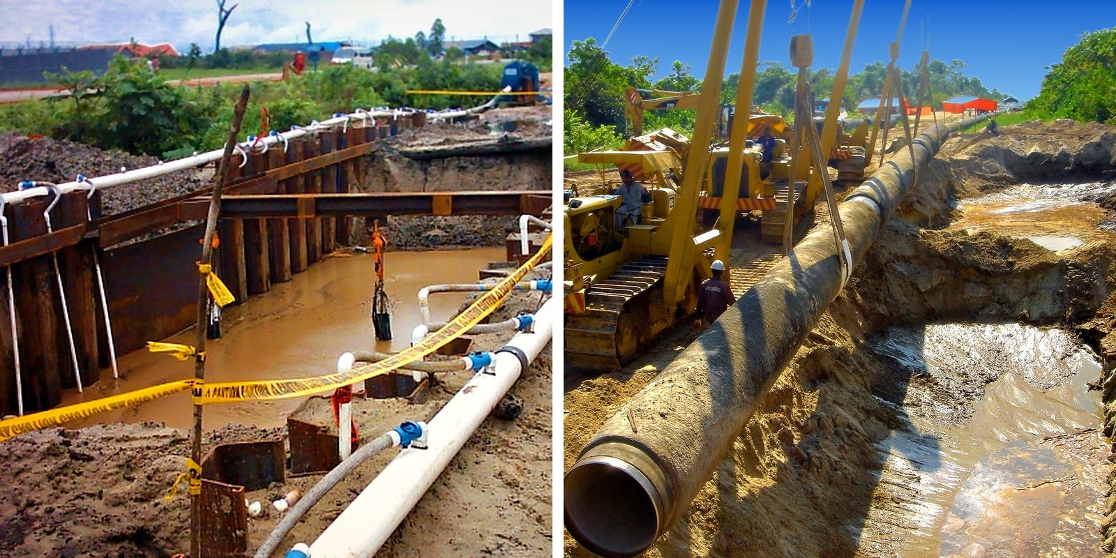 Sheet-piled crossing excavation with dewatering, and a pipe string lowered across a wet crossing by sidebooms