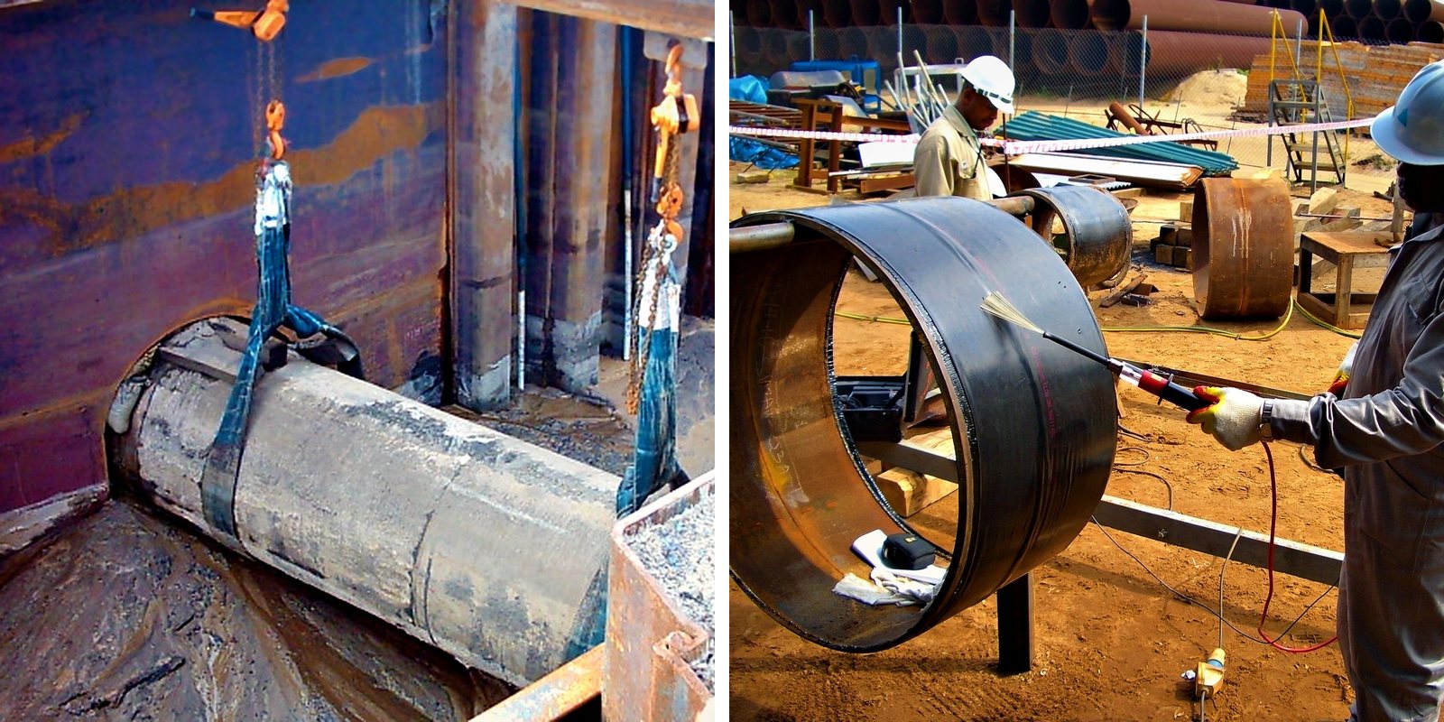 Pipe section rigged in a sheet-piled tie-in pit, and a technician holiday-testing a coated pipe joint