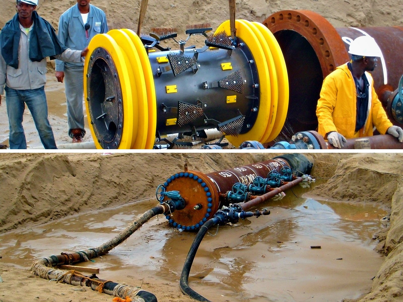 Crew loading a cleaning pig into the launcher, and the test header set up for the hydrostatic test