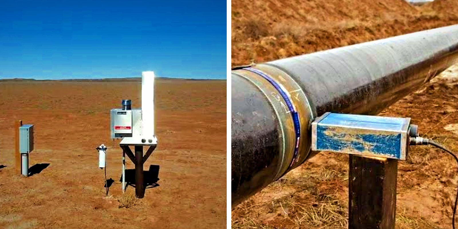 Cathodic protection test station on a desert right-of-way, and a monitoring unit fitted to a coated pipeline