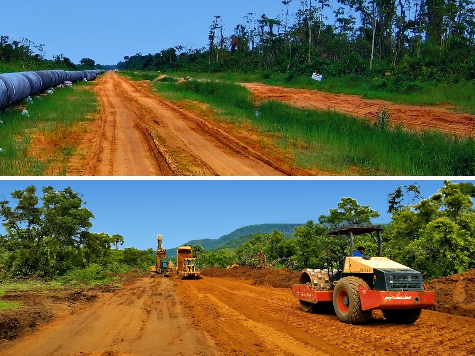 Roller compacting a new access road, and a finished access road beside the strung pipeline